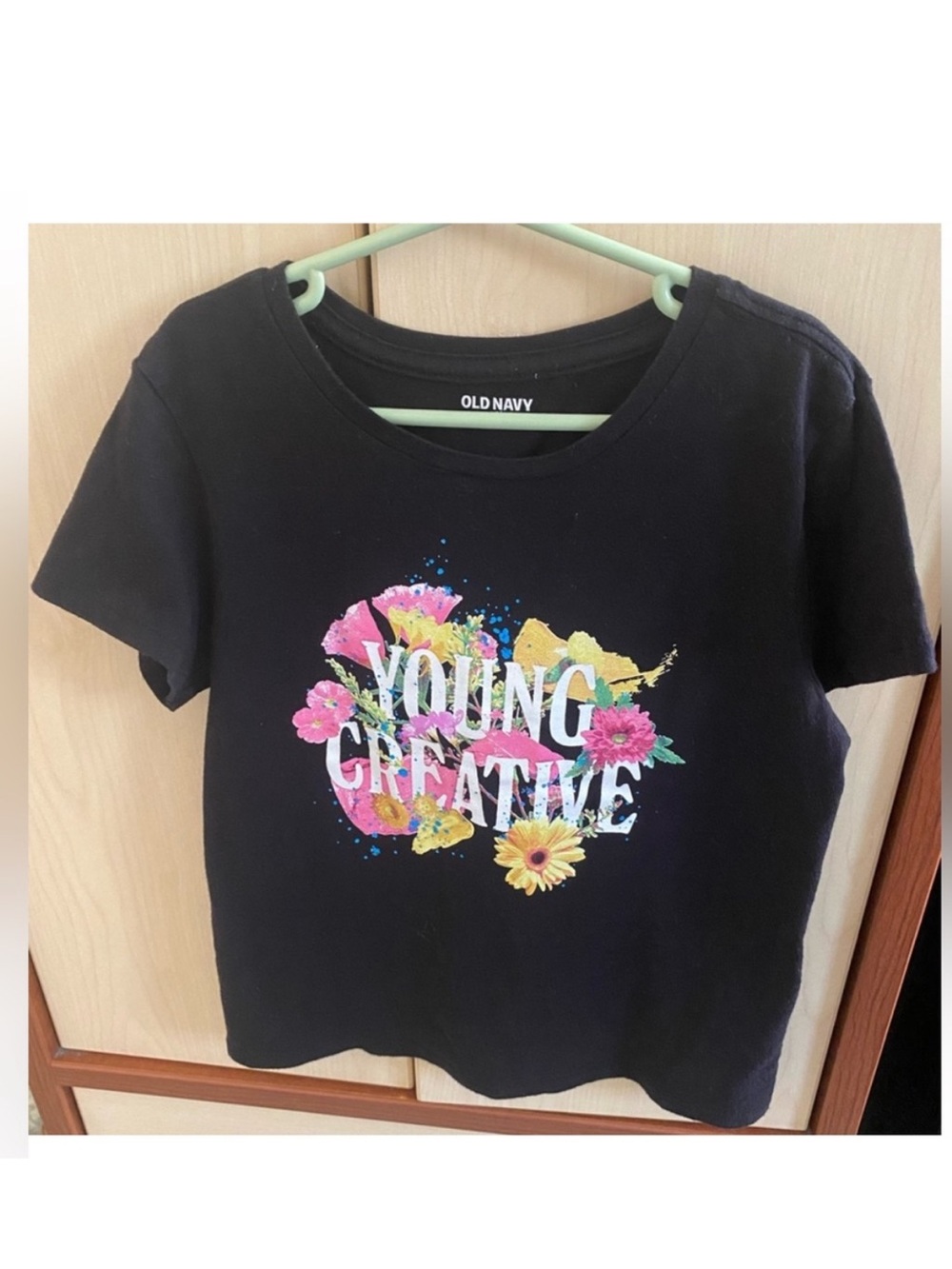Old Navy Girls Young Creative Floral Graphic T-Shirt Black Size L 10-12